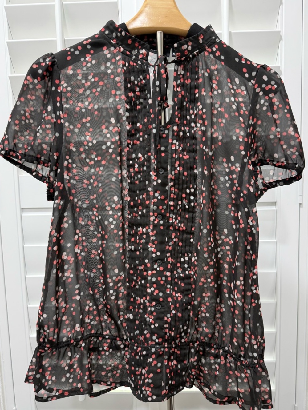 Apt. 9 Black Sheer Blouse with Pink and White Dots